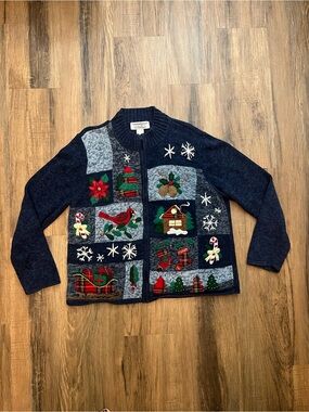 Vintage Tiara International Christmas Cardigan Sz Large Blue Patchwork Chunky